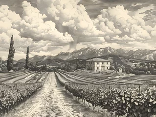 Fototapeten Vintage Illustration of a Farmhouse in a Vineyard with Mountains in the Background. © TEN.POD
