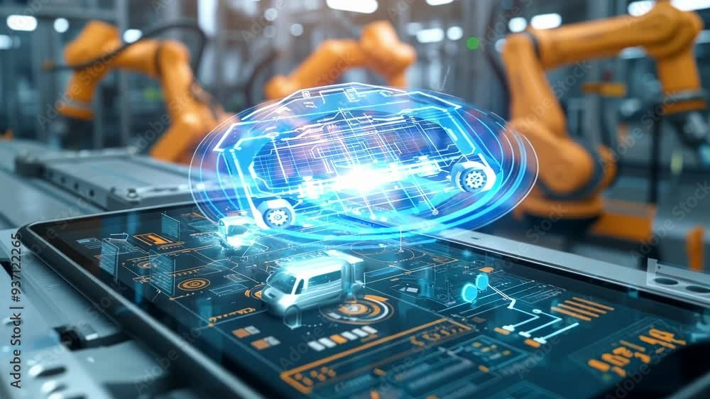 Aufkleber futuristic factory uses technology and robotic arms controlled by a digital tablet for efficient pro
