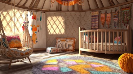 Obraz premium A colorful and cozy nursery in a yurt with a crib, a swing, a rug and a pumpkin.