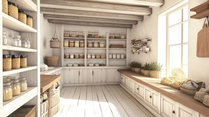 Fototapeta premium A rustic kitchen pantry with white cabinets, wood shelves, and wicker baskets filled with grains and herbs.