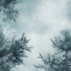 Naklejka premium A winter forest scene with trees covered in frost, set against a soft blue sky. The image evokes a tranquil, cold atmosphere ideal for seasonal designs.