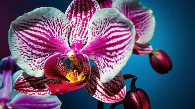 Video footage of close up of a vibrant orchid with prominent pink and white patterns on its petals