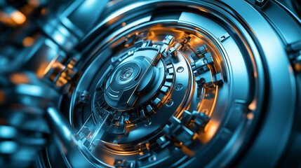 Close-up of a metallic vault door with intricate gears and mechanisms, representing security and protection in a high-tech, modern environment.