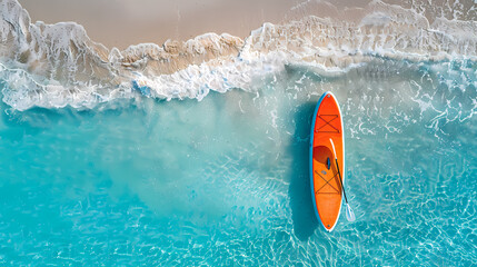 Fototapeta premium An orange and blue paddleboard on the beach, a bird's eye view, high definition photography, clean white sand, clear turquoise sea water, waves lapping at shore edge, and a sense of calmness.