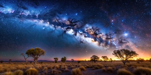 Naklejka premium Starry night sky over the Australian outback, starry, night, sky, Australian, outback, landscape