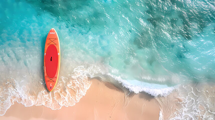 Fototapeta premium An orange and blue paddleboard on the beach, a bird's eye view, high definition photography, clean white sand, clear turquoise sea water, waves lapping at shore edge, and a sense of calmness.