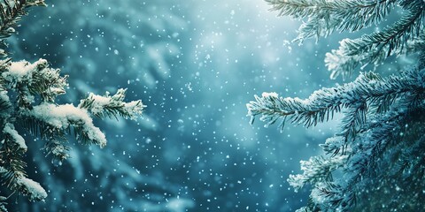 Wide format wallpaper frame with blue winter and Christmas nature. Falling snow, a snowdrift, and defocused, fuzzy forest with fir branches covered in snow. enclose, duplicate area. 