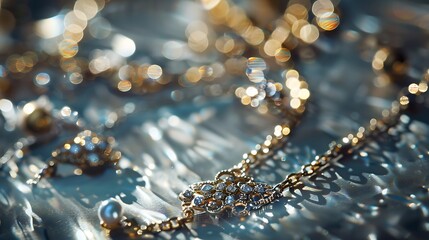 Necklace made of gold and silver rests together on the shiny surface