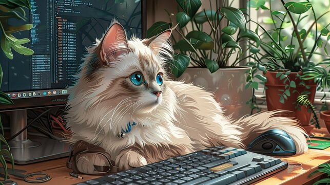 an japanese animate art style birman cat thinking about how to restructuer a programming code