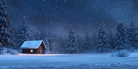 Calm Winter Scene: A Lonely Cabin Enclosed in a Crystalline Winter Wonderland under Starlit Skies. 