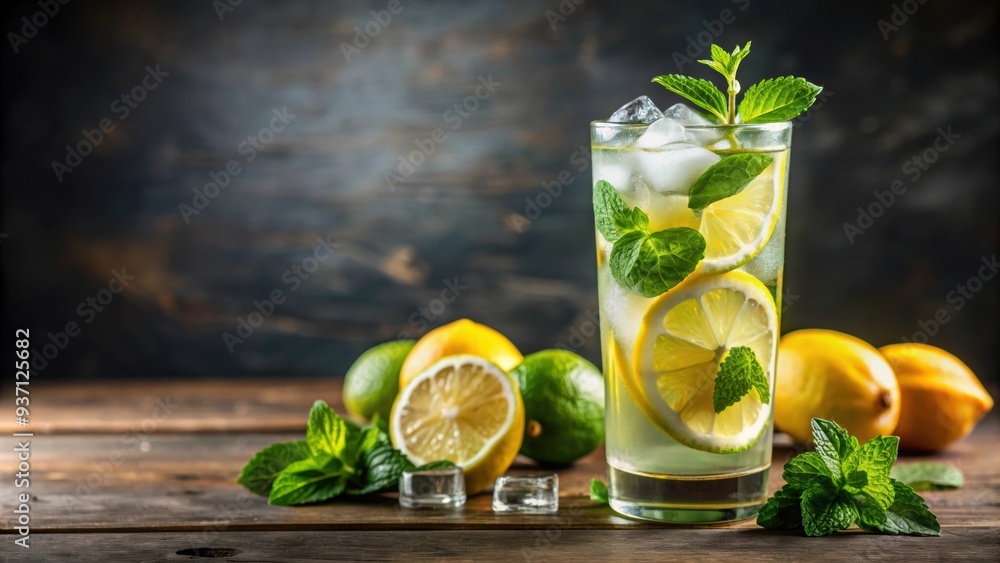 Poster Close-up shot of a refreshing Mojito cocktail garnished with a slice of lemon, mojito, cocktail, drink, refreshing, summer