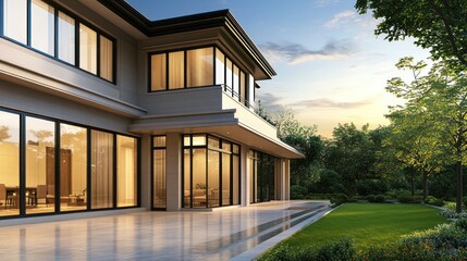 Fototapeta premium Modern home exterior with large windows, a patio, and a lush green lawn.