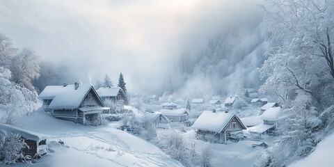 A Serene Yet Fierce Blizzard Engulfs a Remote Village with Icy Winds and Thick Snow, Creating a Stunning Wintry Whiteout 