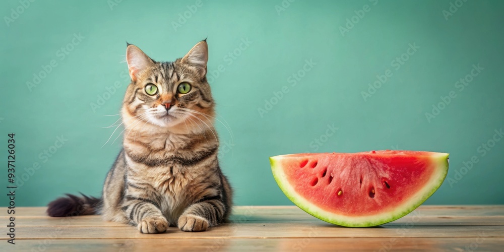 Canvas Prints A cute cat sitting next to a slice of watermelon, cat, pet, feline, fruit, watermelon, slice, refreshing, summer, cute, adorable