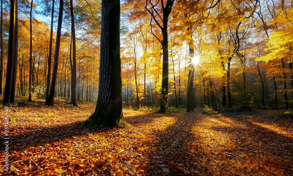Poster sunlight filters through towering trees in autumn forest scene