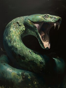 painting of green snake with fangs