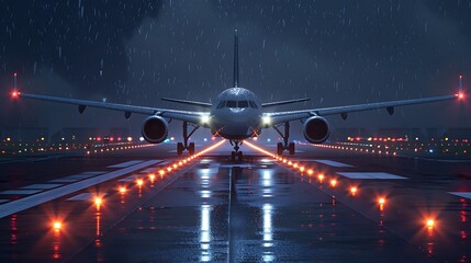 Fototapeta premium Nighttime airplane on a runway with rainfall flashing runway lights
