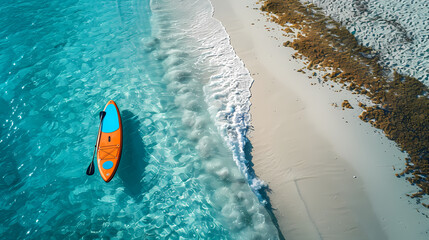 Fototapeta premium An orange and blue paddleboard on the beach, a bird's eye view, high definition photography, clean white sand, clear turquoise sea water, waves lapping at shore edge, and a sense of calmness.