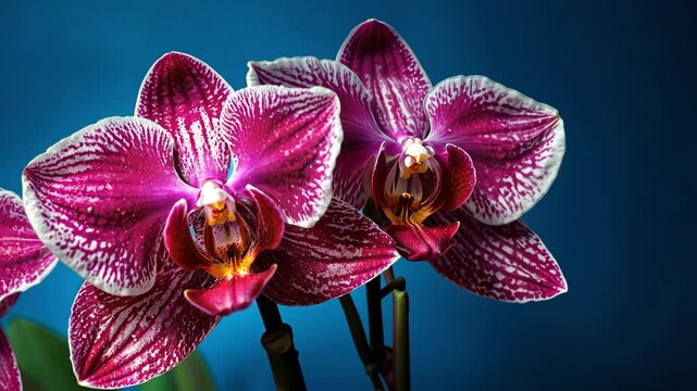 Video footage of close up of three vibrant pink orchids with a pattern of darker pink spots and stripes on the petals