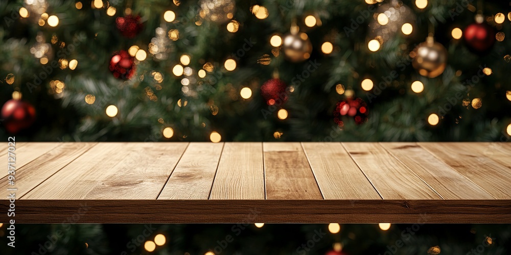 Sticker wooden table top for product display mockup with festive christmas tree background