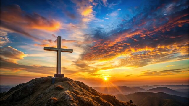 Holy Saturday cross standing on top of a mountain with a beautiful evening sky background, holy saturday, cross