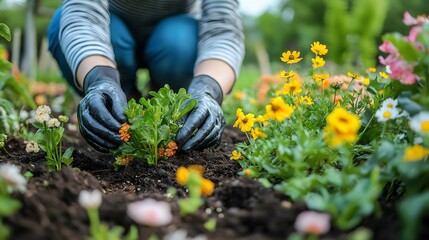 Fototapeta premium Close-up of planting flowers, garden maintenance, photograph for National Garden Month