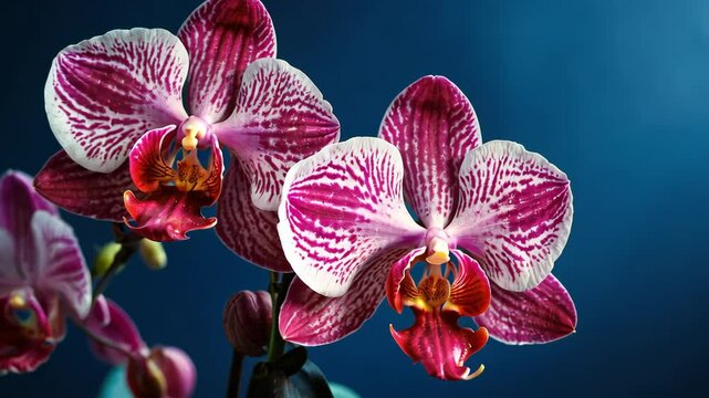 Video footage of close up of vibrant pink and white orchids with a deep blue background,flowers have a striking pattern of pink stripes and spots on their petals