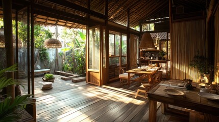 Sunlight streams through the open windows of a rustic, wooden home with a natural garden.