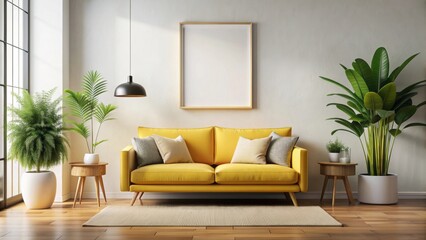 Modern interior with a yellow sofa, pillows, plants and blank poster frame on the wall, modern, interior