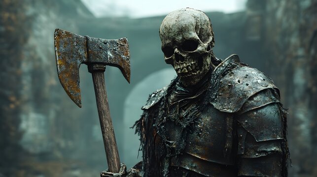 A skeletal executioner with a rusty axe