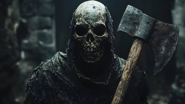 A skeletal executioner with a rusty axe