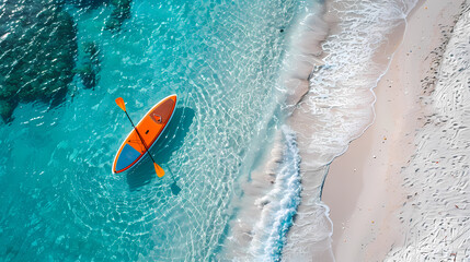 Fototapeta premium An orange and blue paddleboard on the beach, a bird's eye view, high definition photography, clean white sand, clear turquoise sea water, waves lapping at shore edge, and a sense of calmness.