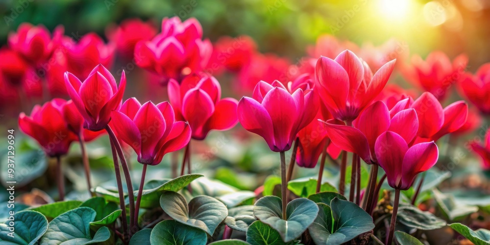 Sticker vibrant red spring cyclamen flowers blooming in a garden, red, spring, cyclamen, flowers, garden, vi