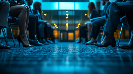 professional business people’s legs, showcasing a mix of women and men, dressed in formal attire. The image captures the essence of a business interview setting