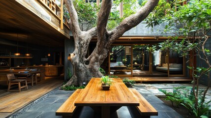 A wooden table and benches sit beneath a large tree in a courtyard with a grey stone floor and a wooden walkway.