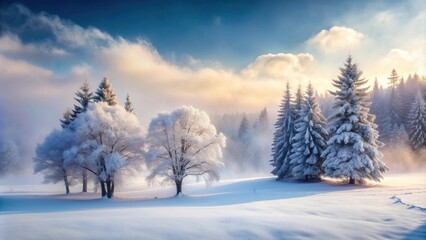 Mystical winter scene featuring enchanting snow-cloaked trees shrouded in fog , Winter, mystical, enchanting