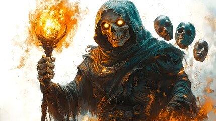 A skeletal sorcerer holding a glowing staff, surrounded by Halloween party masks, digital painting, dark fantasy style, eerie atmosphere, isolated on white background