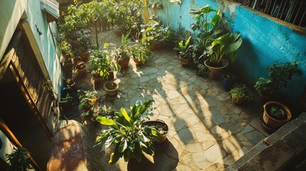 Sunlit Courtyard with Lush Green Plants in Pots.