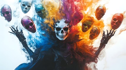 A skeletal sorcerer surrounded by levitating Halloween masks, enchanted atmosphere, fantasy art, dark yet colorful, isolated on white background