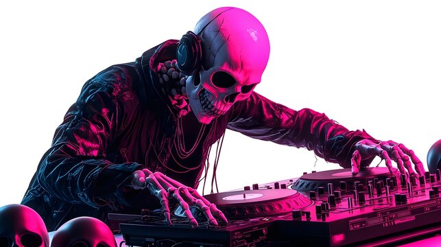 A skeleton DJ with a broken turntable, surrounded by creepy Halloween masks, cyberpunk horror style, neon highlights, isolated on white background