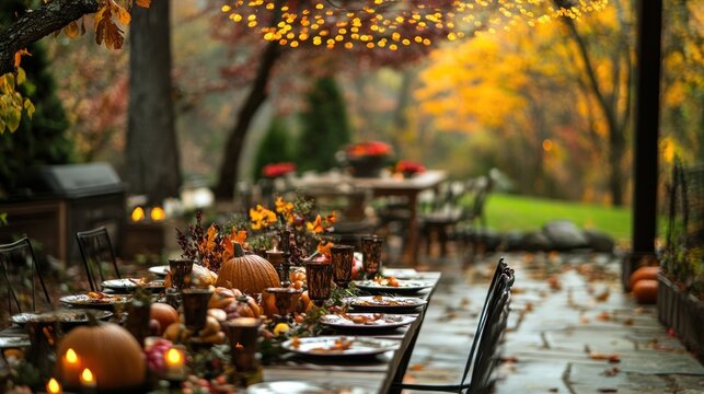 A rustic fall dinner table set for a romantic dinner with pumpkins and candles.