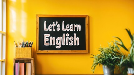 Inspirational "Let's Learn English" Text Displayed on a Lightbox with Sunny Yellow Background