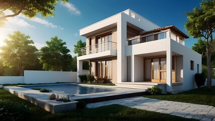 Exterior design of a modern house, full white and brown color theme, real estate home exterior front elevation design with swimmin 