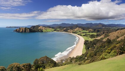 Obraz premium Tranquil beach cove nestled amidst lush mountains