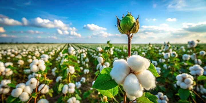 Tall, green cotton plant with fluffy white bolls in a field, agriculture, crop, farming, fiber, textile, natural, plant, growth, fluffy