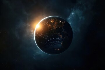 Naklejka premium Earth during an eclipse close up, focus on, copy space, mysterious shadows, double exposure silhouette with eclipsed sun