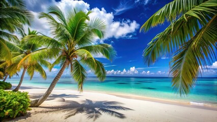 Fototapeta premium Tropical landscape overlooking the sea with palm trees, white sandy beach, and clear blue water