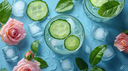 Obraz premium Fresh cucumber juice with cucumber slices in it with ice cubes on a light blue background top view