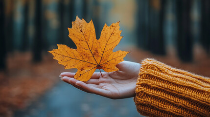 female's hand gently holding an autumn maple leaf, capturing the vibrant fall colors and delicate textures, symbolizing the beauty of nature and the change of seasons