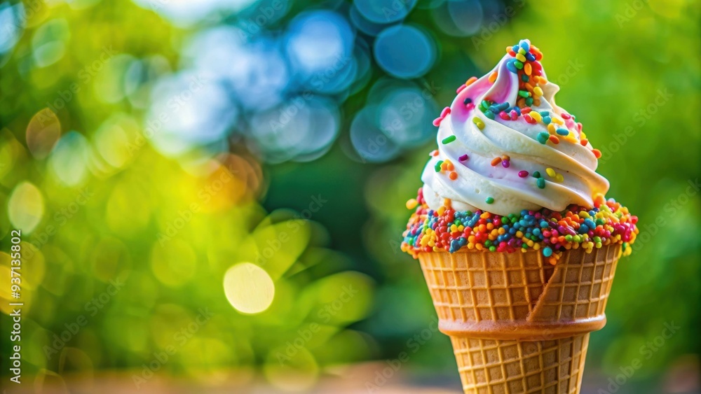 Poster Delicious ice cream cone with colorful sprinkles on a summer day, dessert, sweet, treat, waffle cone, summer, cold